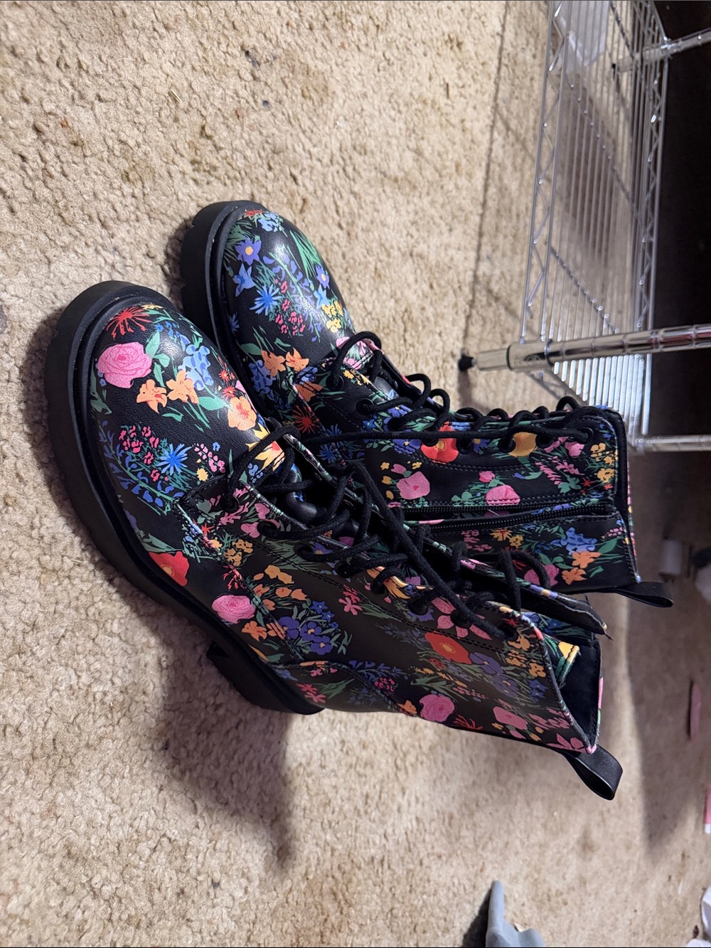 No Boundaries Black Floral Lace-Up Combat Boots